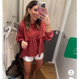 Aerie Coral Peplum Hooded Knit Top